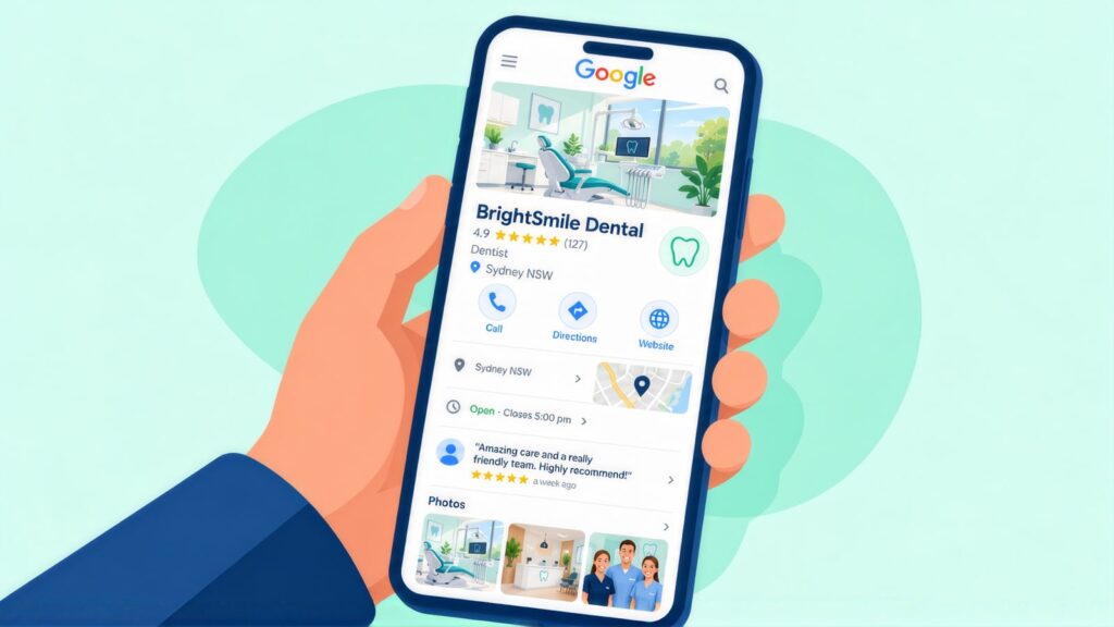 Hand holding a phone with the Google Business Profile for BrightSmile Dental in Sydney, rated 4.9 stars, with call, directions, a review and photos