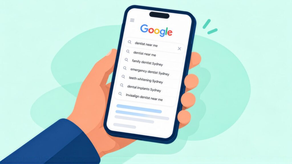 Hand holding a phone with Google suggestions for dentist near me, including emergency dentist Sydney, teeth whitening and Invisalign dentist near me