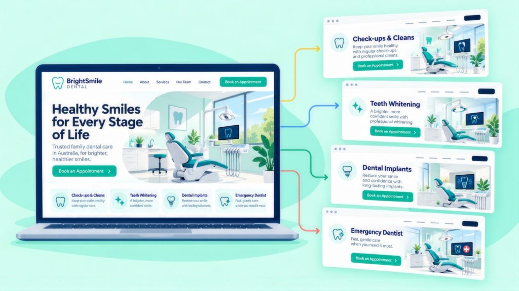 BrightSmile Dental homepage on a laptop with arrows to landing pages for Check-ups & Cleans, Teeth Whitening, Dental Implants and Emergency Dentist
