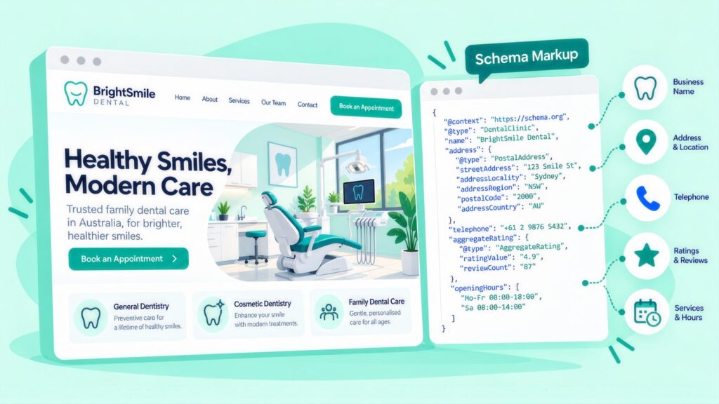 BrightSmile Dental web page beside its DentalClinic schema code, with callouts for business name, address, telephone, ratings and opening hours