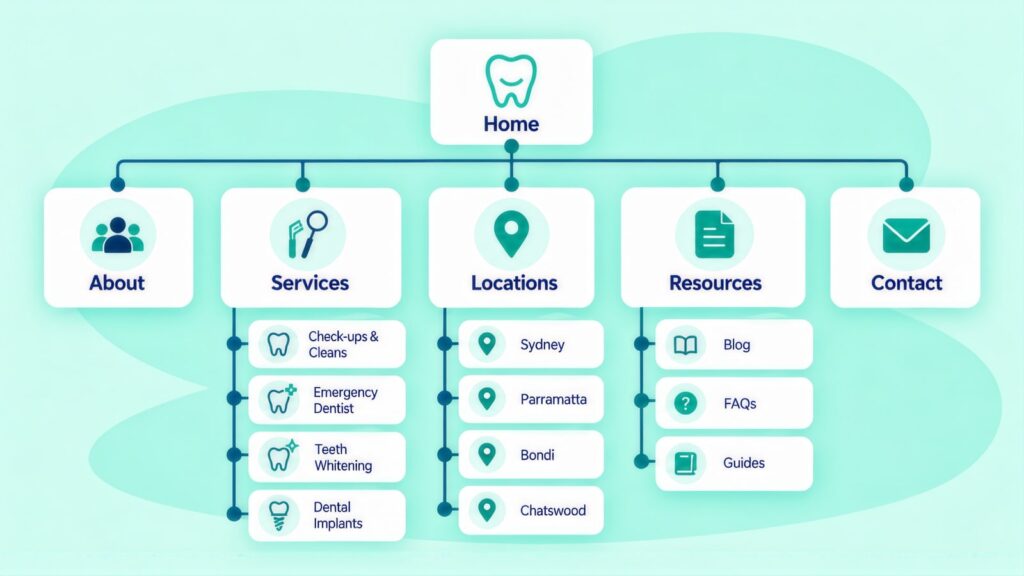 Site map with Home branching to About, Services, Locations, Resources and Contact, with sub-pages like Emergency Dentist, Teeth Whitening, Bondi and FAQs