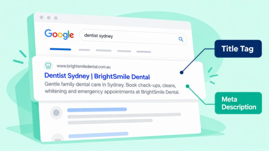 Google result for 'dentist sydney' with the blue BrightSmile Dental headline labelled Title Tag and the snippet below labelled Meta Description