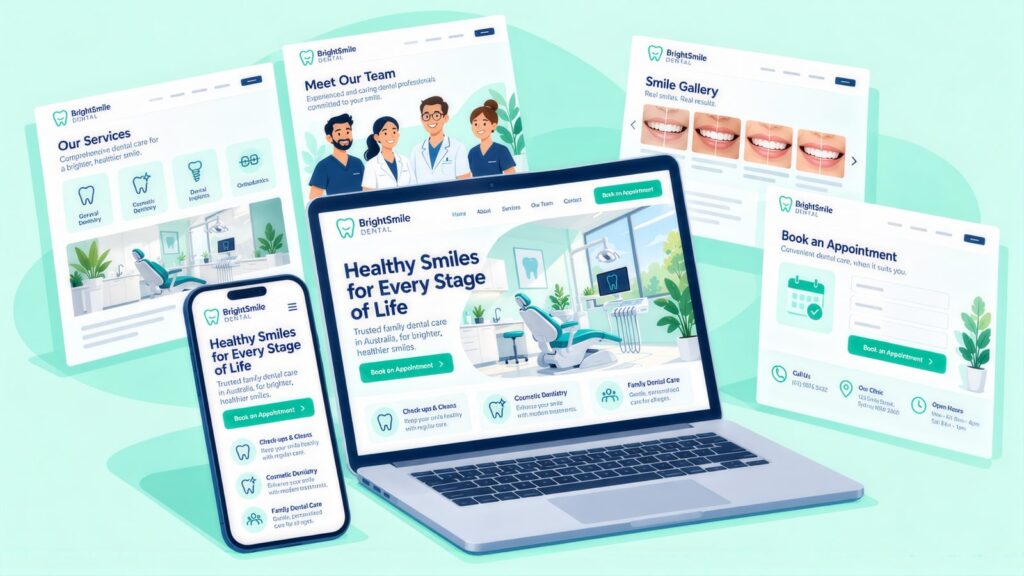 BrightSmile Dental pages for Our Services, Meet Our Team, Smile Gallery and Book an Appointment arranged around a laptop and phone showing the homepage