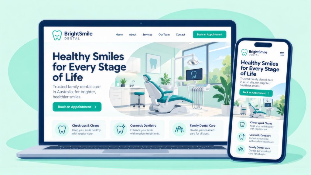 Laptop and phone showing the BrightSmile Dental website with the headline 'Healthy Smiles for Every Stage of Life', a dental chair and booking button