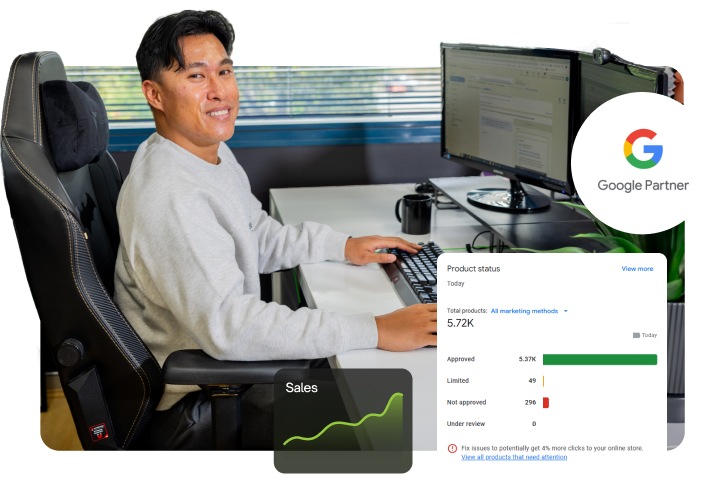 Click Click Media team standing in the Norwest office, with display campaign product status, a sales chart and a Google Partner badge overlaid