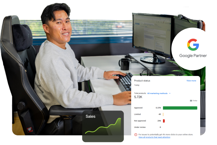 Adriel, senior PPC manager, office photoshoot, display ad work examples.