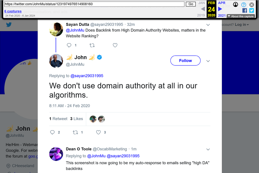 wayback machine capture, 24 february 2020: john mueller tweets 'we don't use domain authority at all in our algorithms.'