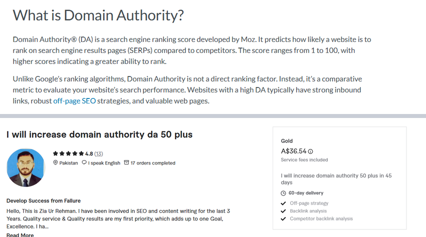 moz's manual saying domain authority is not a direct ranking factor, beside a live fiverr gig selling da 50-plus for a$36.54.