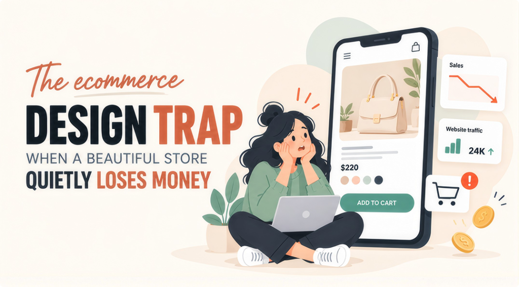 Illustration of a worried shopper beside a phone storefront with traffic rising and sales falling. Headline: The ecommerce design trap.