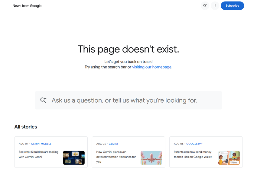 google blog 404 page reading 'this page doesn't exist.' at the former url of the how google fights disinformation whitepaper.