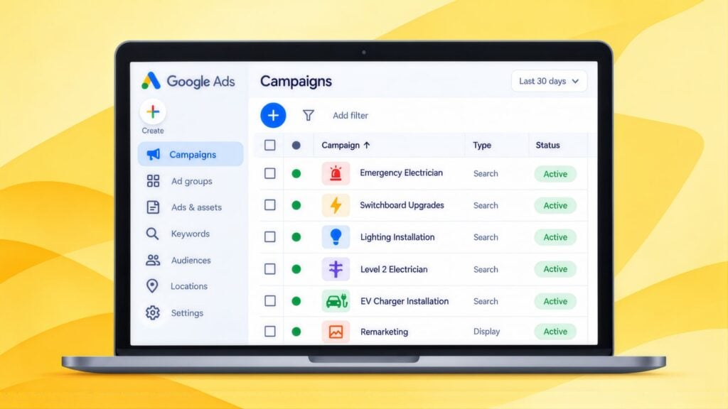 Laptop showing Google Ads campaigns for Emergency Electrician, Switchboard Upgrades, Lighting, Level 2 Electrician, EV Charger Installation and Remarketing