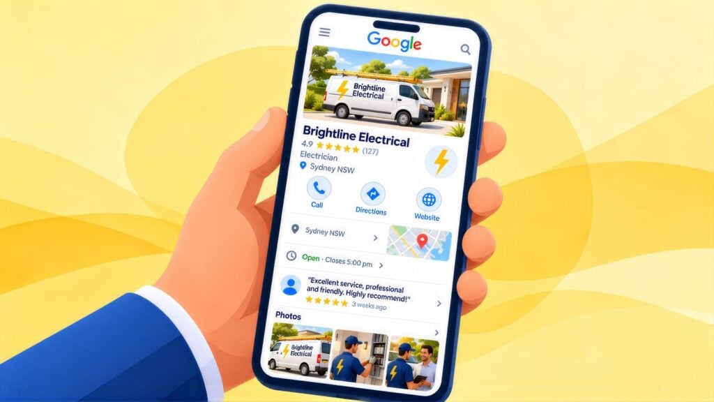 Hand holding a phone with the Brightline Electrical Google Business Profile, rated 4.9 from 127 reviews, with Call, Directions and Website buttons and a map