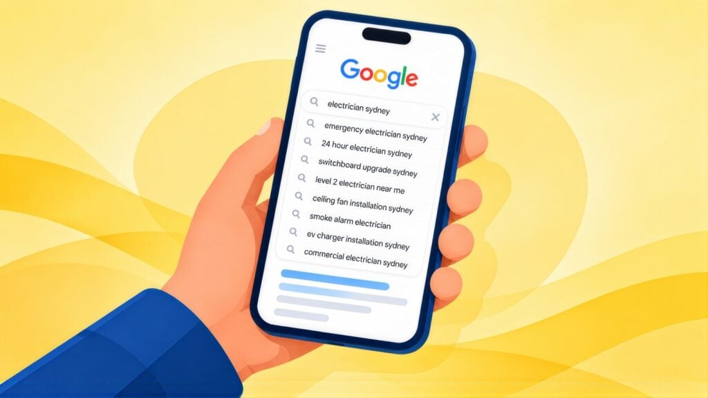 Hand holding a phone with Google suggestions for electrician sydney, like switchboard upgrade sydney, level 2 electrician near me and smoke alarm electrician