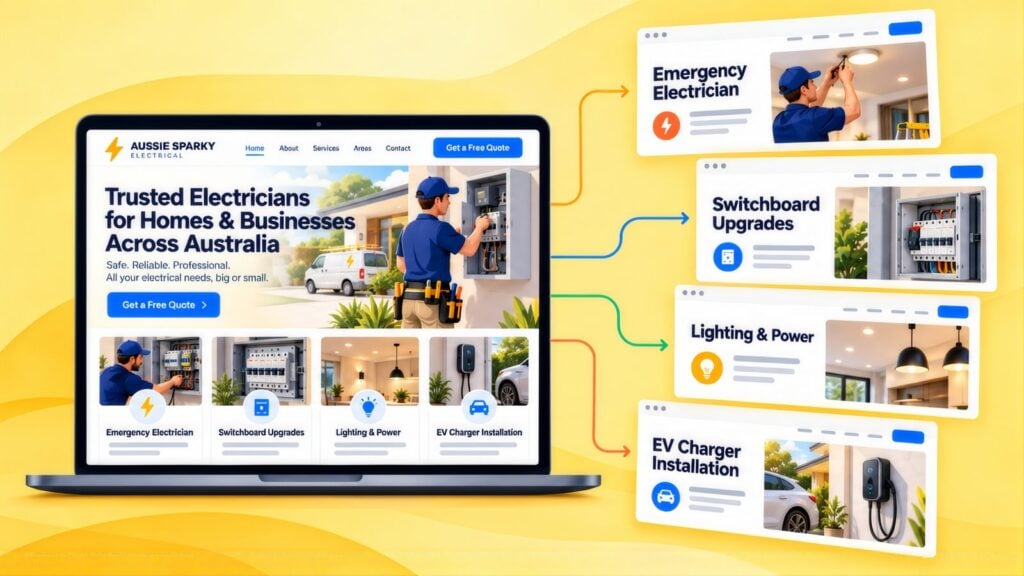 Aussie Sparky Electrical homepage on a laptop with arrows to landing pages for Emergency Electrician, Switchboard Upgrades, Lighting & Power and EV Chargers