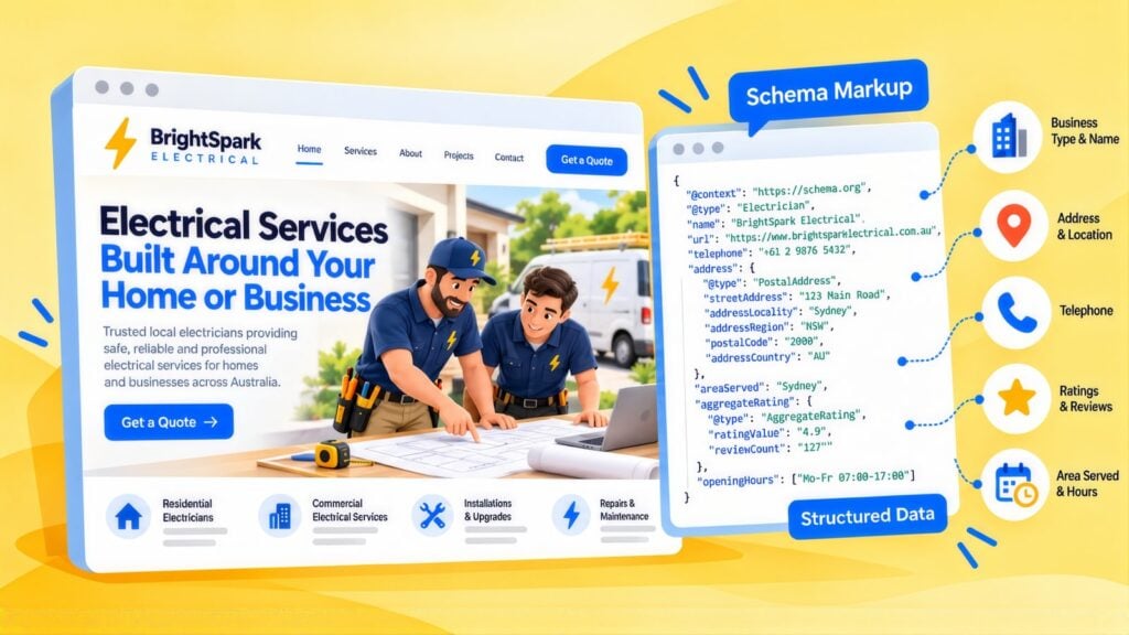 BrightSpark Electrical web page beside a Schema Markup panel of Electrician structured data, linked to business name, address, telephone, ratings and hours