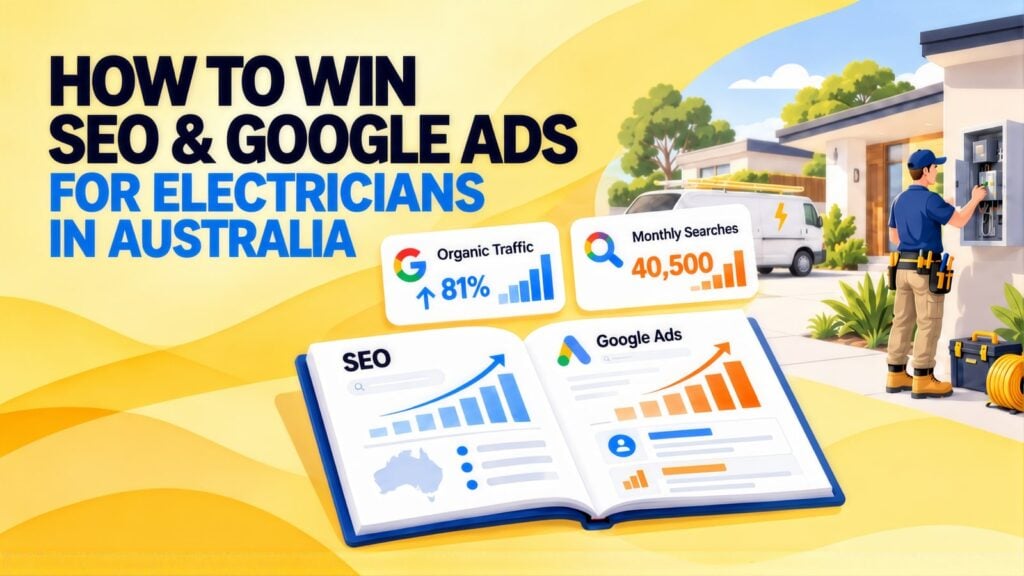 Headline 'How to Win SEO & Google Ads for Electricians in Australia' beside an open guide, 81% organic traffic and 40,500 searches cards, and an electrician at a switchboard