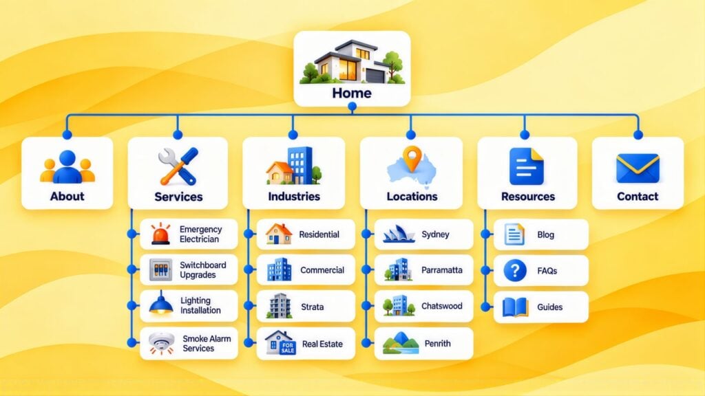 Site map with Home branching to About, Services, Industries, Locations, Resources and Contact, with pages like Switchboard Upgrades, Strata and Chatswood