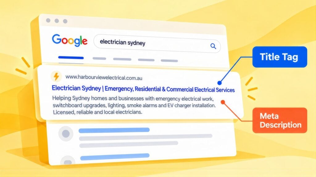 Google result for 'electrician sydney' from Harbourview Electrical, with the blue headline labelled Title Tag and the snippet below labelled Meta Description