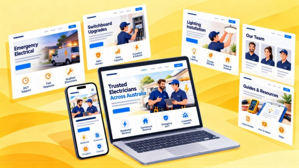 Electrician site headed Trusted Electricians Across Australia on a laptop and phone, among Emergency Electrical, Switchboard Upgrades, Lighting and Team pages