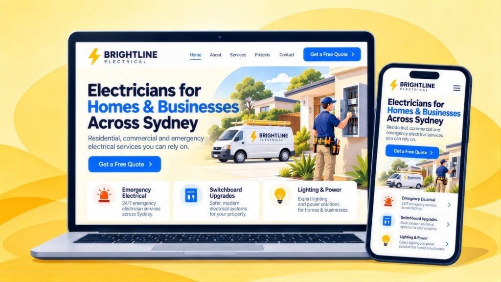 Laptop and phone showing the Brightline Electrical site, headline Electricians for Homes & Businesses Across Sydney, with an electrician at a switchboard