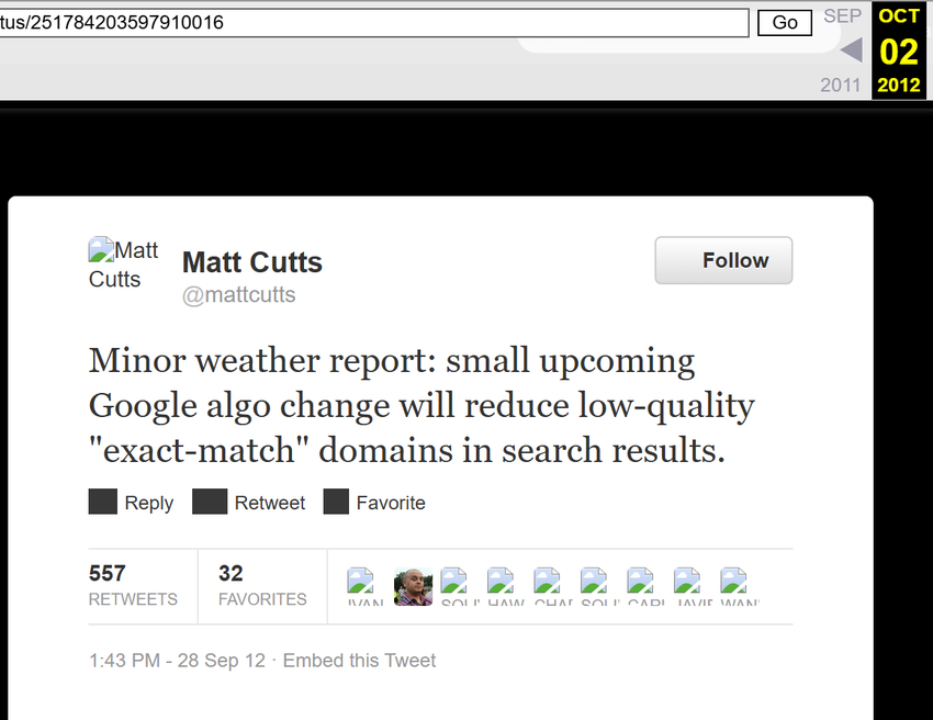 matt cutts tweet dated sep 29, 2012, announcing a google algorithm change reducing low-quality exact-match domains, with later replies.