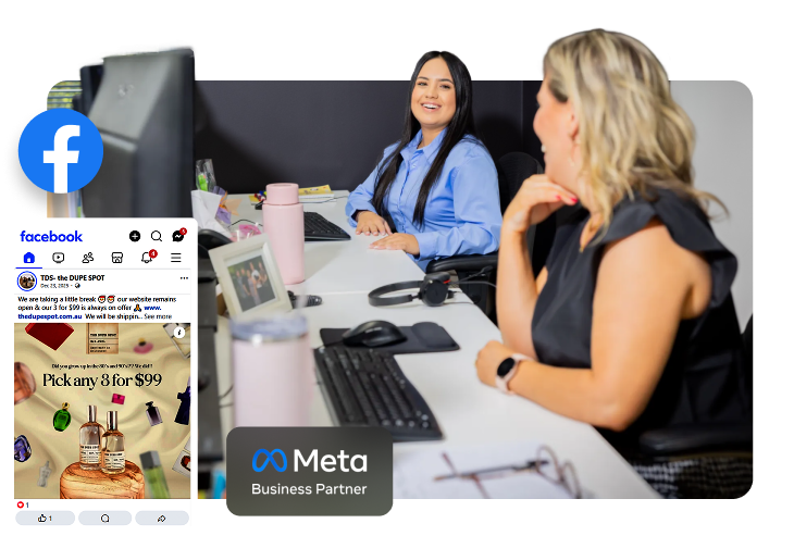 Two Meta Ads specialists sitting together at a desk discussing campaign strategy, with a Facebook icon, a live Facebook ad creative showing a promotional offer, and a Meta Business Partner badge overlaid.