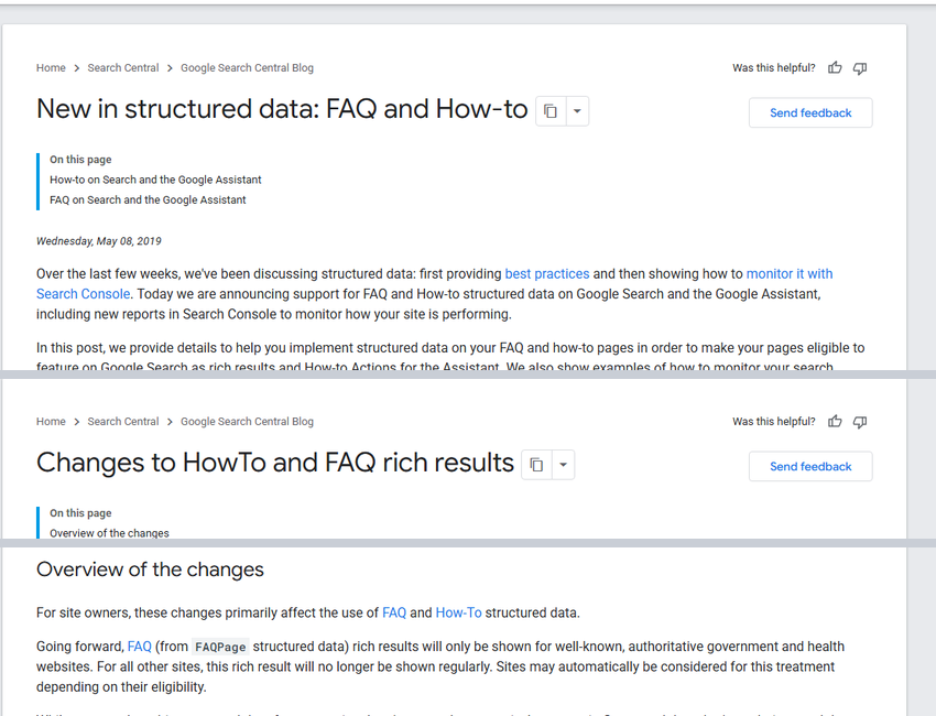 two google blog posts: may 2019 launches faq rich results; august 2023 restricts them to government and health websites.