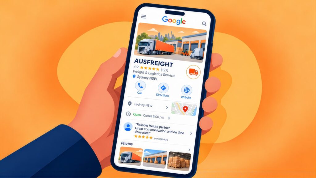 Hand holding a phone showing the AUSFREIGHT Google Business Profile, a Sydney freight and logistics service rated 4.9 from 127 reviews