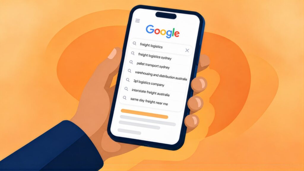 Hand holding a phone with Google suggestions for freight logistics, including pallet transport sydney, 3pl logistics company and interstate freight australia
