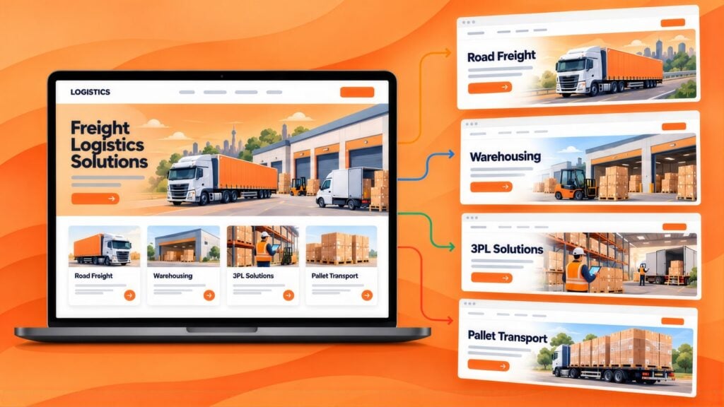 Freight Logistics Solutions homepage on a laptop with arrows to landing pages for Road Freight, Warehousing, 3PL Solutions and Pallet Transport