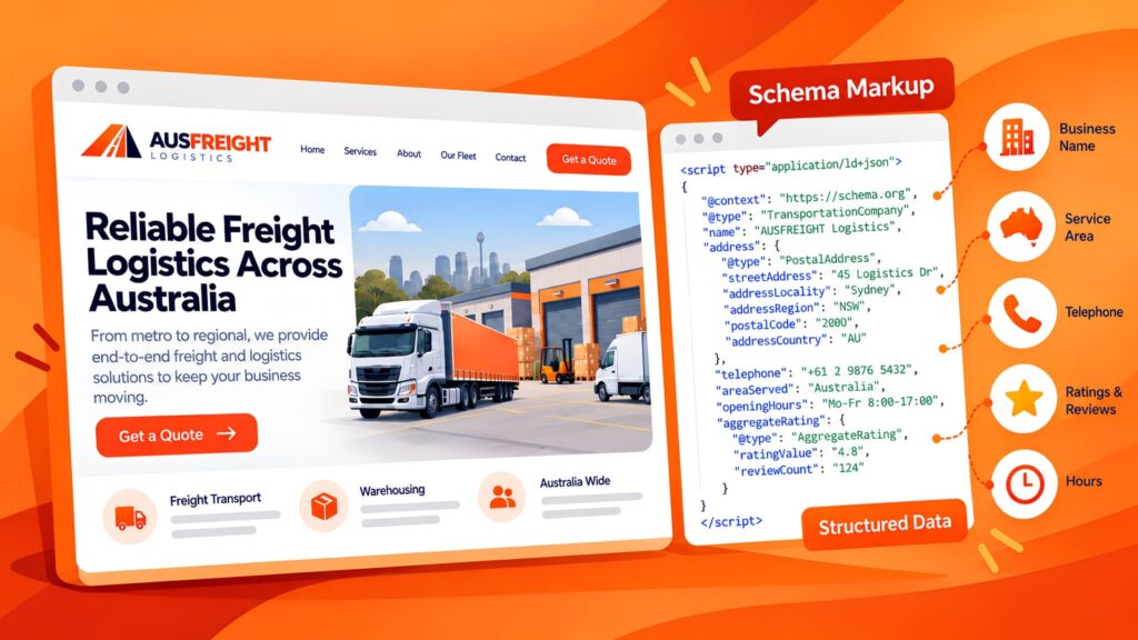 AUSFREIGHT Logistics homepage beside TransportationCompany schema code, with callouts for business name, service area, telephone, ratings and hours