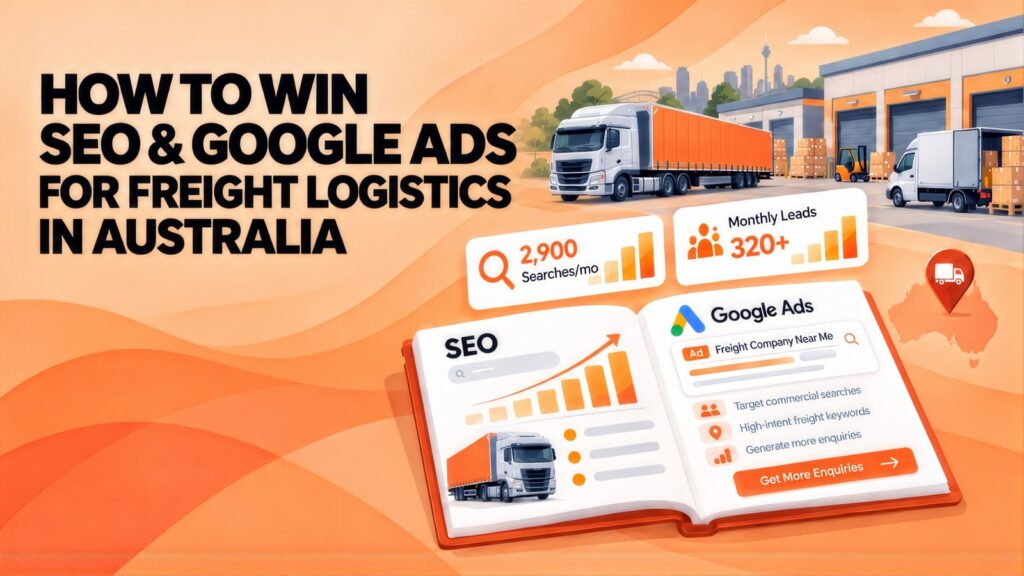 Headline 'How to Win SEO & Google Ads for Freight Logistics in Australia' beside an open guide, 2,900 searches/mo and 320+ monthly leads cards, and trucks at a loading dock