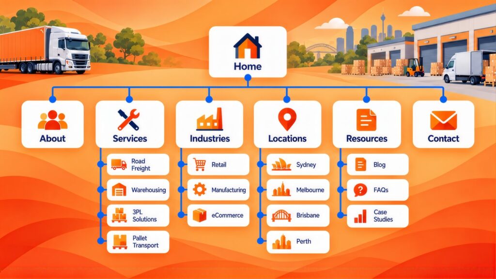 Site map from Home to About, Services, Industries, Locations, Resources and Contact, with pages like Road Freight, 3PL Solutions, eCommerce and Brisbane