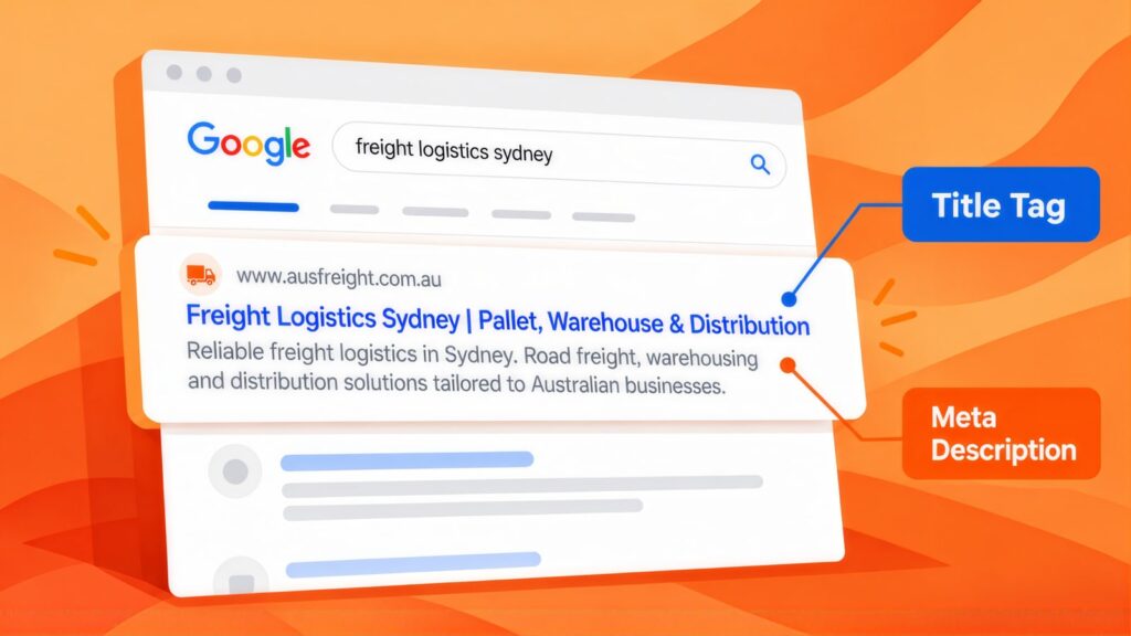 Google result for 'freight logistics sydney' with the AUSFREIGHT headline labelled Title Tag and the snippet about road freight labelled Meta Description