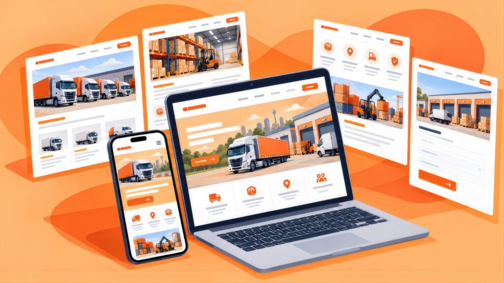 Freight website on a laptop and phone surrounded by page layouts showing a truck fleet, a warehouse with a forklift, container handling and a quote form