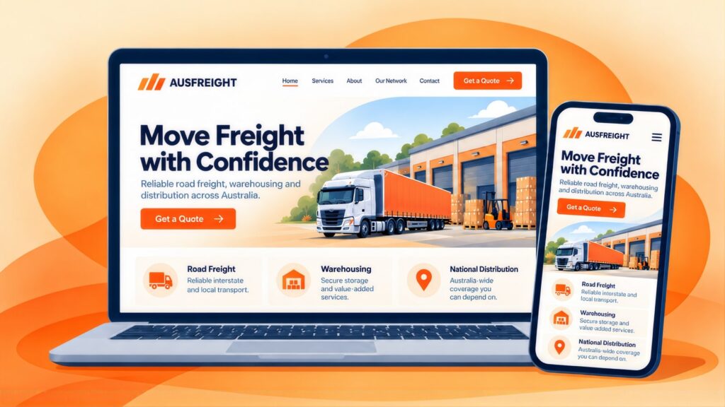 AUSFREIGHT homepage on a laptop and phone, headlined Move Freight with Confidence with an orange semi-trailer, warehouse and Get a Quote button