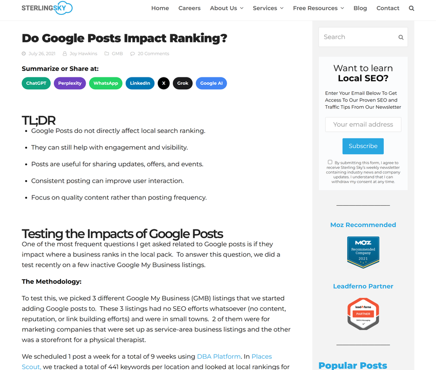 sterling sky post, july 2021: 'do google posts impact ranking?' - tl;dr states google posts do not directly affect local search ranking.