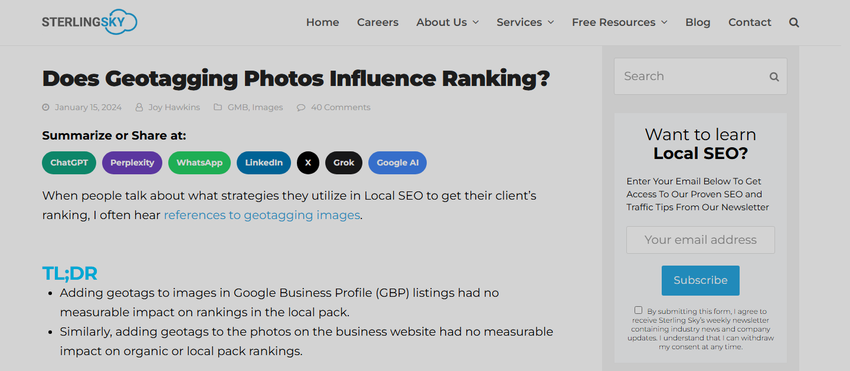 sterling sky study 'does geotagging photos influence ranking?', january 15, 2024; tl;dr reports no measurable ranking impact.