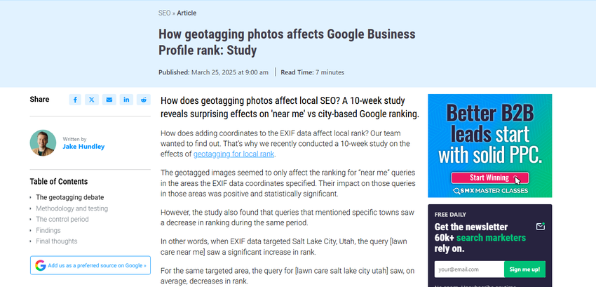 search engine land study, march 25, 2025: geotagging helped 'near me' queries in targeted areas while city-name queries declined.