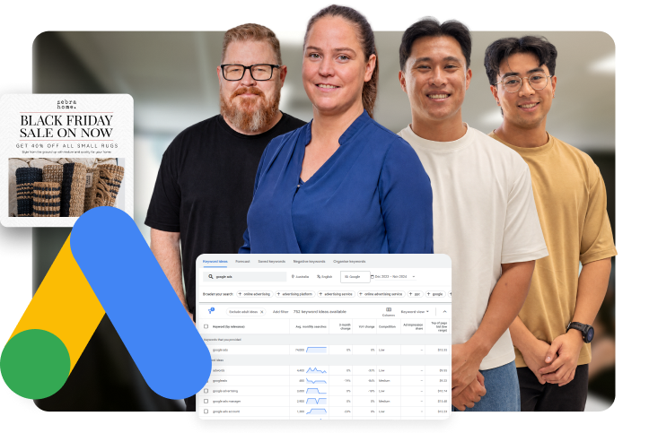 Click Click Media Google Ads specialists standing in the Norwest office, with a client's Google Ads results and keyword view overlaid