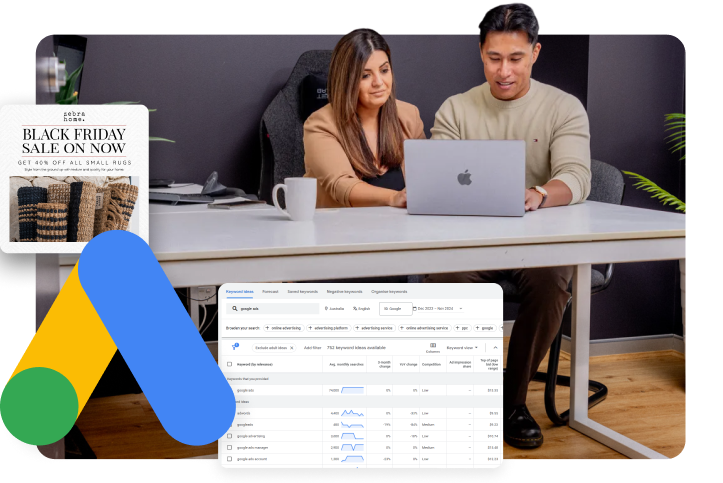 Adriel & Amanda senior certified Google Ads experts working together. Google Ads agency office picture.