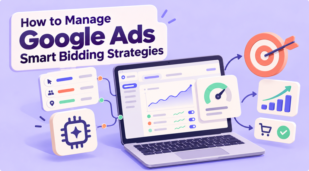 Illustration of a Google Ads dashboard with automated bidding, performance charts, conversion signals and the title “How to Manage Google Ads Smart Bidding Strategies.”