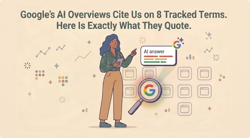 illustration titled google's ai overviews cite us on 8 tracked terms, showing a marketer pointing at a google ai answer box above a grid of search results