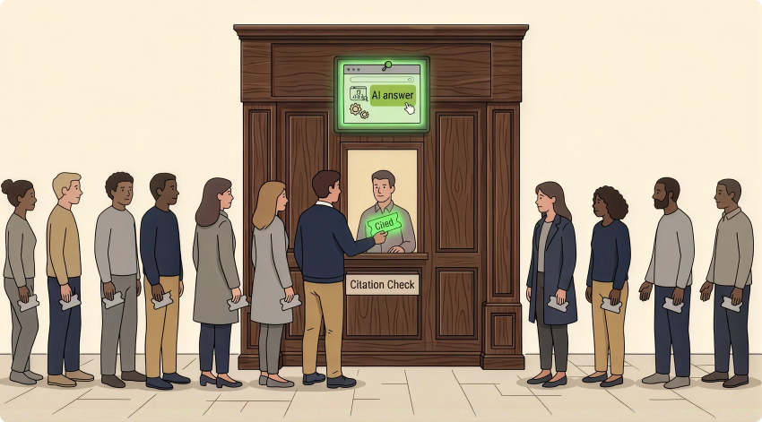 a long queue of people waiting at a citation check counter while one person receives a card marked cited, beneath an ai answer screen