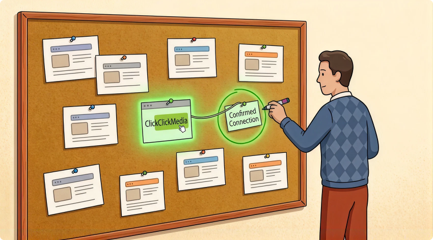analyst at a pinboard of search result cards circling a glowing clickclickmedia card linked to a note reading confirmed connection