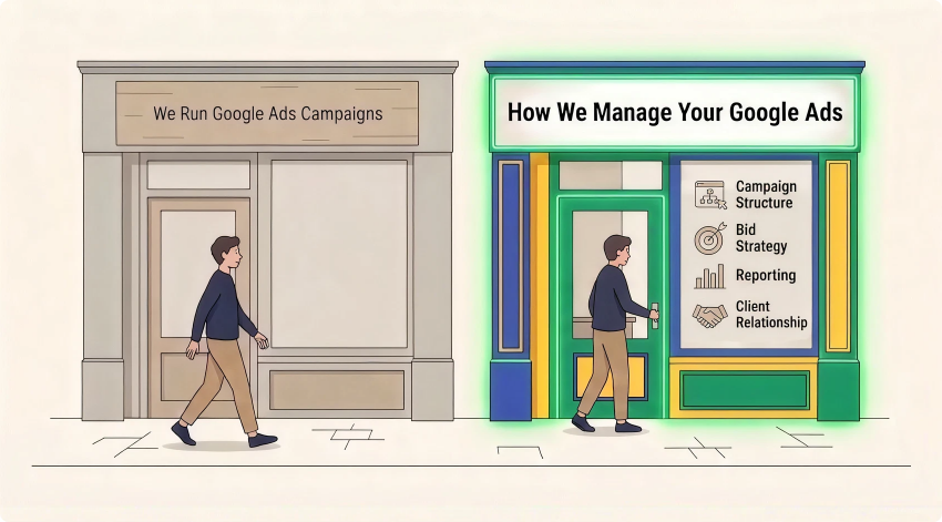 two shopfronts compared: a plain grey one reading we run google ads campaigns beside a bright one reading how we manage your google ads listing campaign structure, bid strategy, reporting and client relationship