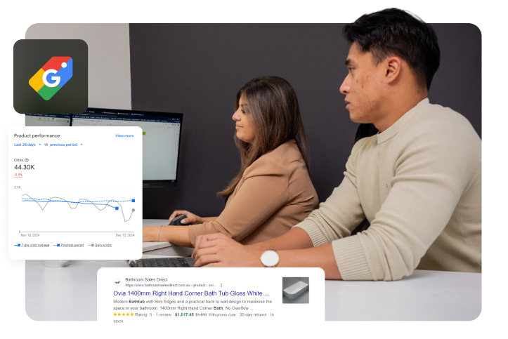 Two Google Shopping specialists reviewing product performance data showing 44,300 clicks on a laptop screen, with a Google Shopping icon and a live product listing result overlaid.