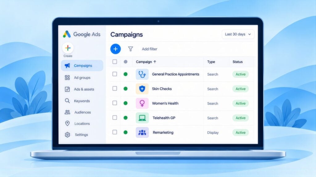 Laptop showing Google Ads campaigns for General Practice Appointments, Skin Checks, Women's Health, Telehealth GP and Remarketing, all active