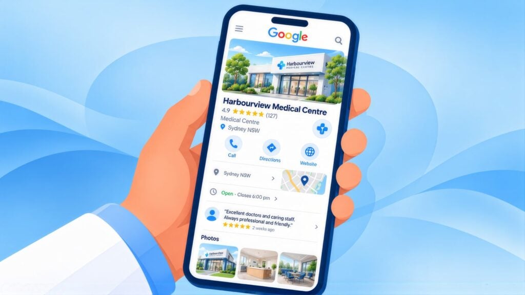 Hand holding a phone showing the Google Business Profile for Harbourview Medical Centre in Sydney, rated 4.9 from 127 reviews, with a map