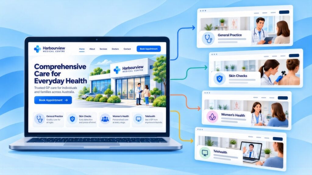 Medical centre homepage on a laptop with arrows to landing pages for General Practice, Skin Checks, Women's Health and Telehealth